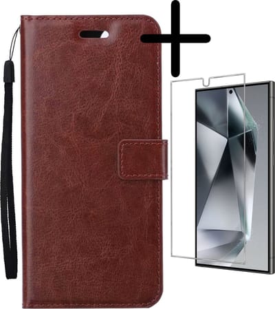 Hoesje Met Screenprotector - Geschikt voor Samsung Galaxy S24 Ultra - Luxe Pasjeshouder - Bookcase Portemonee - Flip Case - Kunstleer Book Case - Flipcase - Book Cover - Walletcase - Portemonneehoes - Bruin