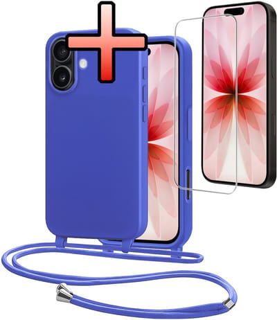 Hoes Geschikt voor iPhone 17 Met Telefoonkoord Met Screenprotector - Siliconen Hoesje Backcover Met Ketting - Felblauw