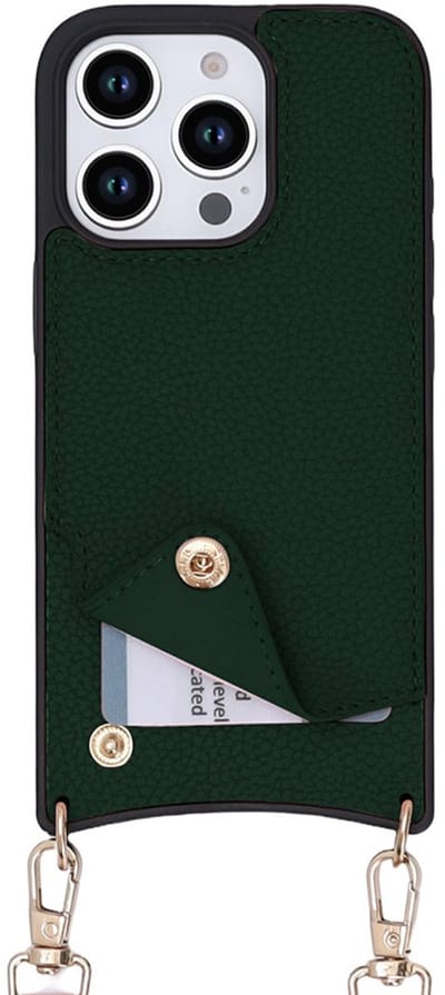 CaseBoutique Backcase hoesje geschikt voor iPhone 15 Pro - Effen Donkergroen - Kunstleer - met Crossbody Koord & Pashouder
