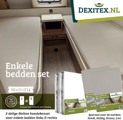 Dexitex 1 x Molton + 2 x Hoeslakenset ( 2 x Zandkleur ) enkele bedden 2elig geschikt voor Caravan Fendt-Hobby-Knaus-LMC-Tabbert-Weinsberg-Dethleffs-Bürnster