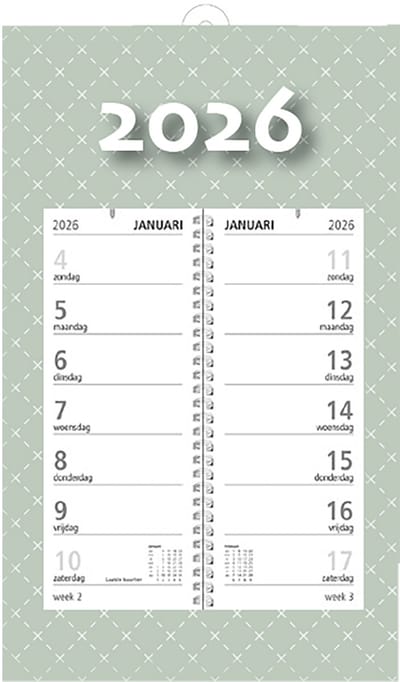 MGPcards - Omlegweekkalender 2026 - Week begint op zondag - 21 x 34 cm - Grijs groen
