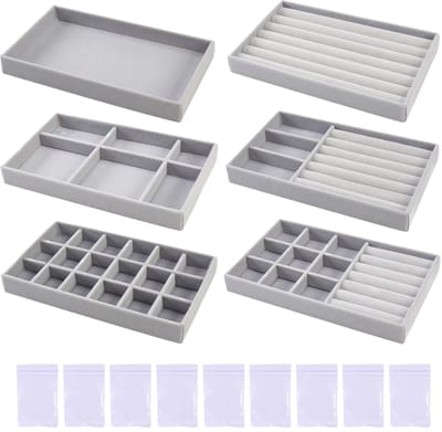 Ibenzoa® Set van 6 grijze fluwelen sieradenorganizers voor optimaal opbergen