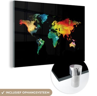 ® Glasschilderij 180x120 cm - Schilderij acrylglas - Wereldkaart - Waterverf - Kleuren - Foto op glas - Muurdecoratie woonkamer - Wanddecoratie slaapkamer - Schilderijen