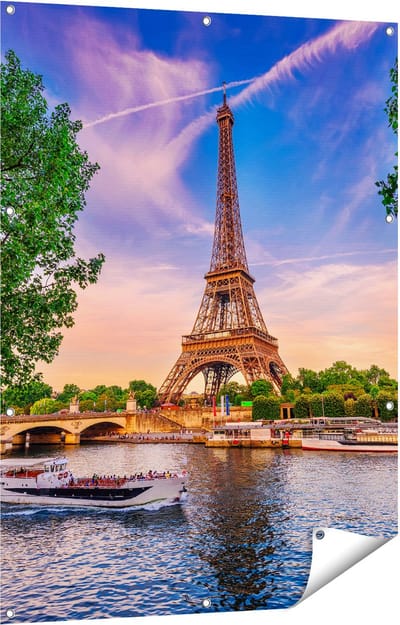 Gards Tuinposter Eiffeltoren in Parijs aan het Water - Kleur - 90x120 cm - Tuindoek - Tuindecoratie - Wanddecoratie buiten - Tuinschilderij