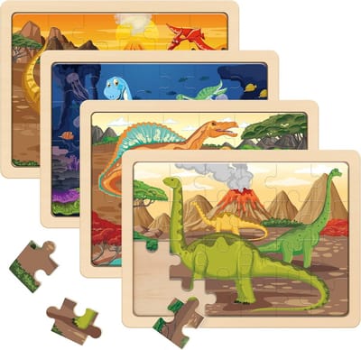 Houten Puzzel Set 4x24 Stuks Dinosaurus Thema voor Kinderen 3-6 Jaar Educatief Speelgoed