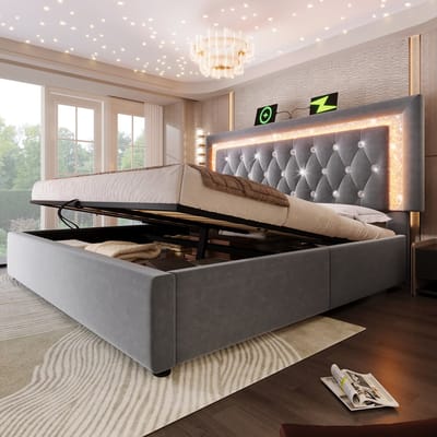 Gestoffeerd bed 140x200 cm, fluwelen tweepersoonsbed met LED-diamantstrip in het hoofdeinde, USB- en Type-C-laadstation, hydraulische opbergruimte, kinderbed met lattenbodem, modern functioneel bed, grijs (exclusief matras)