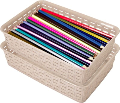 Hega Hogar Opbergmandje/ladeverdeler - 2x - beige - 2 liter - kunststof - 17 x 25 x 6 cm - kleine opslag bakjes - manden