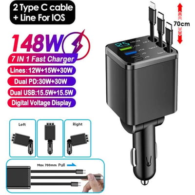 Intrekbare Autolader, 4 in 1 Snel Opladende Autolader 120W, Type C Dubbele USB-poorten Autolader Adapter Voor IPhone Huawei LG