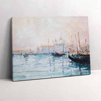 Wallfluent Foto Op Canvas Olieverfschilderij van gondels in Venetië - 80 x 60 cm - Blauw Canvas Schilderij - Landschappen Foto Canvas - Natuur Schilderij Op Doek - Kunst Schilderij Op Canvas