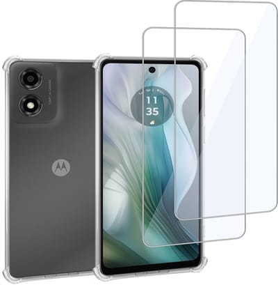 Geschikt voor Motorola Moto E14 / Moto G04 / Moto G24 - Hoesje + 2x Screenprotector – Gehard Glas Cover + Shock Proof Case – Transparant