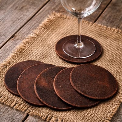 leren onderzetters bruin gecraqueleerd set van 6 stuks