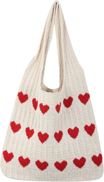 Gebreide schoudertas voor dames, strandtas, opvouwbare nettas, geweven handtas, casual tas groot voor werk, reizen, vakantie (rood hart)