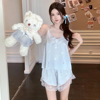 Zomer Sneeuw Zijde Sexy Gewatteerde Pyjama voor Dames Puur Verlangen Vlinder Jarretel Shorts Huiskleding Dunne Sectie XL