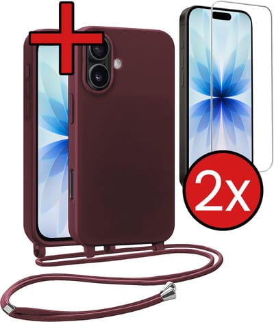 Hoesje Geschikt voor iPhone 17 Hoesje Siliconen Case Met Koord Met 2x Screenprotector - Hoes Geschikt voor iPhone 17 Hoesje Backcover Met Telefoonkoord - Aubergine