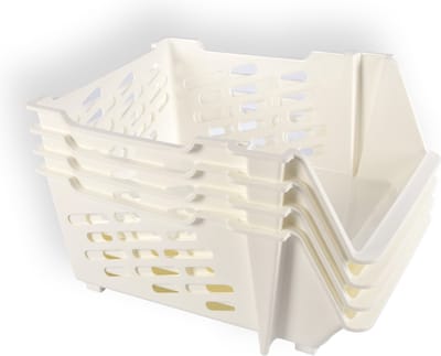 Set van 4 Stapelbare Groentemanden - Opbergmand voor Groente en Fruit - Kunststof - Wit - L46xB37.5xH20cm - Aanrecht Organiser - Huishouden