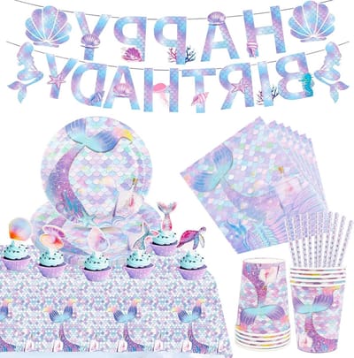 SnelShoppen - Mermaid Feestservies Set 62 Stuks, Meerminnen Verjaardagsdecoratie voor Kinderen, Kinderen Feest Tafelgerei, Piping Borden, Bekers, Serv