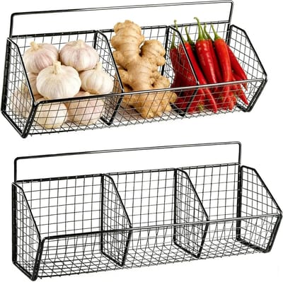 wandmand, set van 2 stuks, hangend zonder boren, voor het bewaren van groenten en uien, robuuste metalen mand als hangmand voor keuken en fruitmand, hangend voor voorraad