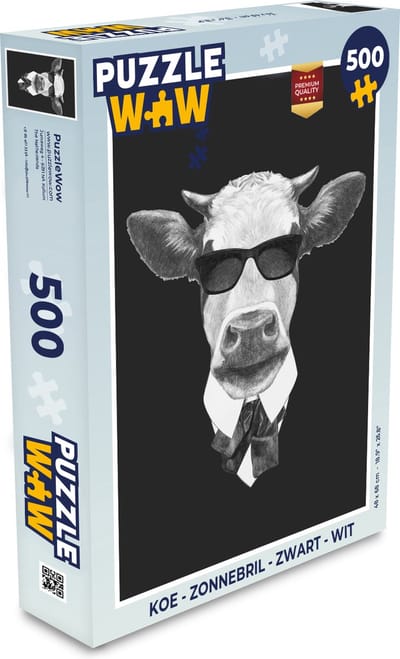 Puzzel Koe - Zonnebril - Zwart - Wit - Legpuzzel - Puzzel 500 stukjes