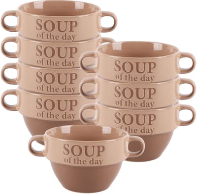 Bellatio Design Soepkommen - 8x - 500 ml - Soup of the day - keramiek - D12 x H8 cm - terra/beige - Stapelbaar
