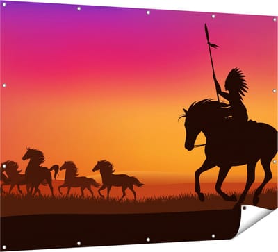 Gards Tuinposter Silhouet van een Indiaan op een Paard - 160x120 cm - Tuindoek - Tuindecoratie - Wanddecoratie buiten - Tuinschilderij