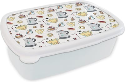 Broodtrommel Wit - Lunchbox - Brooddoos - Patronen - Thee - Taart - High tea - 18x12x6 cm - Volwassenen