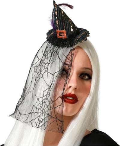 Halloween heksenhoed - mini hoedje op diadeem - one size - zwart - met sluier - meisjes/dames