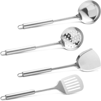 4-delige RVS Kookset met Spatel, Schuimlepel, Kooklepel en Sleufspatel, Makkelijk Schoon te Maken en Ideaal voor Koken en Bakken