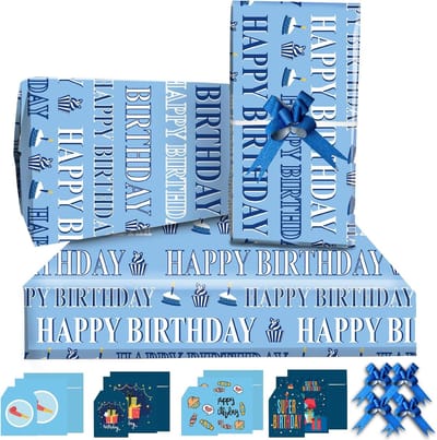 Famanu - Inpakpapier blauw, verjaardag inpakpapier Jumbo formaat 85 x 60 cm, 4 vellen Happy Birthday-papier met 4 roze strikken, 4 verjaardagskaarten, 4 cadeaulabels, geschenkverpakking voor meisjes, jongens