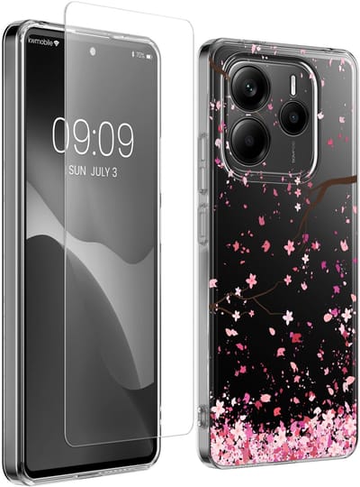 kwmobile telefoonhoesje geschikt voor Xiaomi Redmi Note 14 5G hoes - Telefoonhoesje voor smartphone - Telefoon cover - Met glazen schermbeschermer - Kersenbloesembladeren design