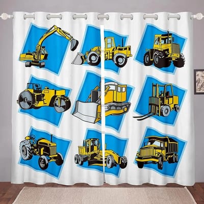 Kinderen Cartoon Treinwagon Gordijnen Jongens Bouwvoertuigen Stijl Raamgordijn voor Tiener Slaapkamer, Woonkamer, Huisdecoratie 2 Panelen W60H60(CM)x2pcs&Grommet Top black