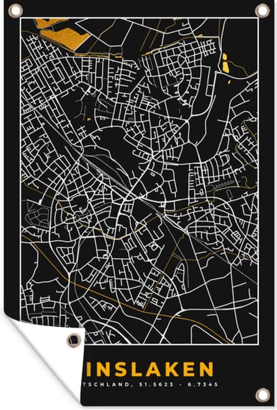 Muurdecoratie Duitsland – Black and Gold – Dinslaken – Stadskaart – Kaart – Plattegrond - 120x180 cm - Tuinposter - Tuindoek