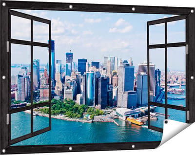 Gards Tuinposter Doorkijk New York Als een Eiland vanuit de Lucht - 120x80 cm - Tuindoek - Tuindecoratie - Wanddecoratie buiten - Tuinschilderij
