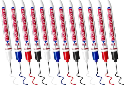 Set van 12 Diepe Gaten Markers met Lange Punt - Hout, Muur, Kunststof en Metaal Marker voor Precisiewerk in Zwart, Rood, Blauw en Wit
