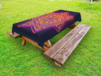 ABAKUHAUS Bladtafelkleed buiten, geometrische Tibetaanse mandala, decoratief wasbaar picknicktafelkleed, 145 x 265 cm, roodzwart