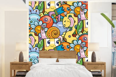Behang - Fotobehang Design - Dieren - Bloemen - Grappig - Jongen - Meisje - Breedte 165 cm x hoogte 220 cm