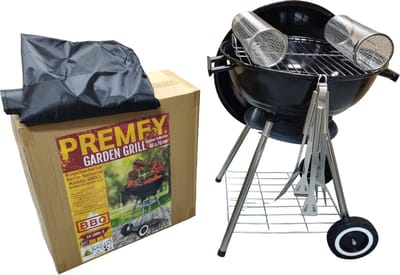 Premfy Luxe Kogelbarbecue - Houtskoolbarbecue - Ronde Barbecue op Wielen - SET met 2 Grillrollen, BBQ Hoes, en Grilltangen SET - 46x76 cm - Instelbaar Luchtrooster - Grilloppervlak Ø 45 cm - Met As Vanger - Zwart