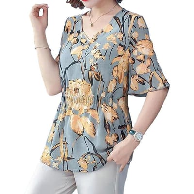 Chemise ample en mousseline de soie imprimée, col en v, T-shirt fin à manches mi-longues pour femmes, tissu léger et respirant, coupe ajustée M bleu
