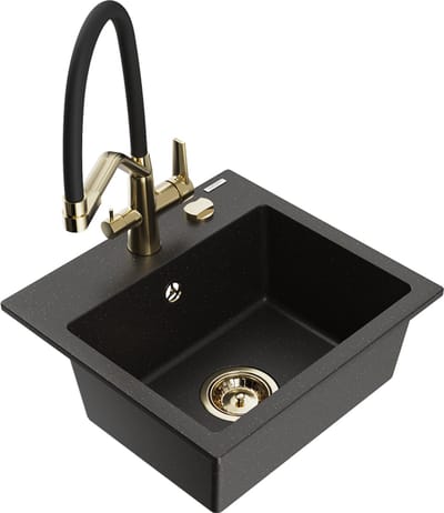Mexen Milo granieten gootsteen 1-komor met keukenmengkraan Duo, zwart/goud metallic - 6505-75-671701-57-G