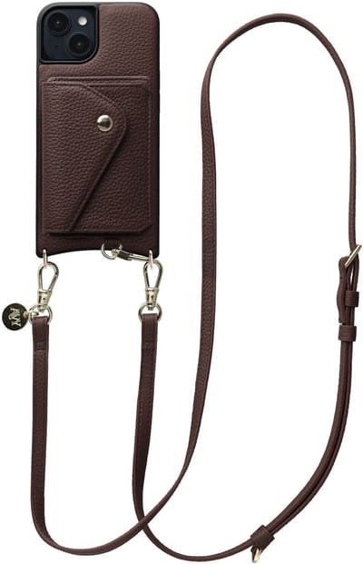 AVY Leren Hoesje geschikt voor Apple iPhone 15 | Met Koord en Magnetische Kaarthouder | Compatibel met MagSafe | Leather Case met 130CM Koord & Wallet | Long Leather | Chocolate