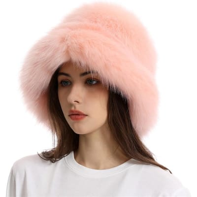 Warme vissershoed voor dames met brede rand, verdikt imitatiebont, vossenbont, basinhoed, effen kleur, pluche hoed One size beige