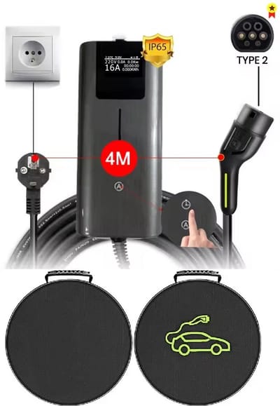 MoTronics by Junsun SYCDQ1164AG Laadkabel Type 2 – Mobiele Thuislader Elektrische Auto – 16A – 3.5kW – 4M – Instelbare Laadstroom en Laadtijd – Uitgesteld Laden – Schuko Stekker – IP65 Waterdicht – LCD Display – Inclusief Gratis Opbergtas