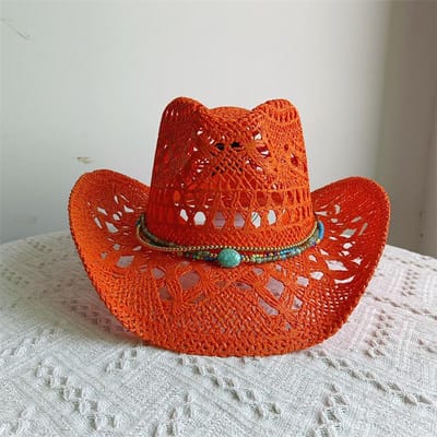 Nouveau Chapeau de Cowboy en Paille Jaune Tressé à la Main Creux pour Hommes et Femmes Chapeau de Soleil d'Été Chapeau de Paille Jazz Chapeau de Cowboy Western Sombrero 55-58CM red