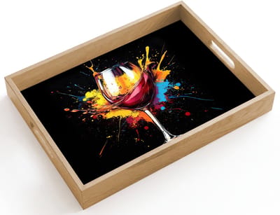 Dienblad hout 40x30 cm - Schootdienblad - Wijn - Glas - Graffiti - Borrel - Rood - Verf - Borrelplank rechthoek - Plateau dienbladen