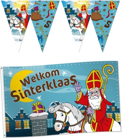 Sinterklaas Feestpakket - 3x Vlaggenlijn 10 meter 2 zijdig bedrukt + Vlag 150 x 90 cm - Sinterklaas Decoratie Versiering Piet December Vlag Vlaggenlijn