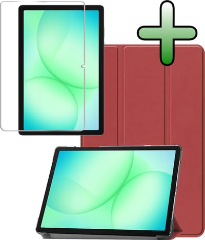 Hoesje Geschikt voor Samsung Galaxy Tab A11 Plus / A9 Plus - Met Screenprotector - Trifold Bookcase - Hard Cover - Hardcover Book Case - Tablet Hoes - Donkerrood