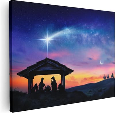 Artaza Canvas Schilderij Geboorte Jezus - 40x30 cm - Klein - Christelijke Muurdecoratie - Wanddecoratie Zonsondergang - Kamer Accessoires