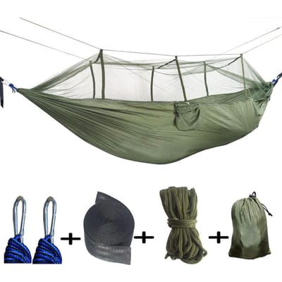 Draagbare buitenkampeerhangmat 1-2 personen Go Swing met klamboe Hangbed Ultralichte toeristische slaaphangmat 260*140CM legergroene kleur