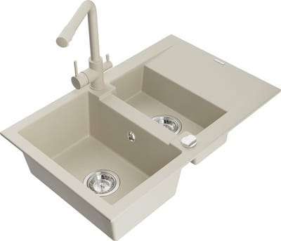 Mexen Gaspar granieten spoelbak 1,5-compartiment met afdruipplaat en keukenmengkraan Duero, beige - 6507-69-671600-69