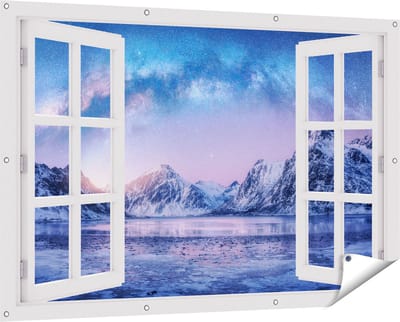 Gards Tuinposter Doorkijk Melkweg bij de Besneeuwde bergen - 150x100 cm - Tuindoek - Tuindecoratie - Wanddecoratie buiten - Tuinschilderij