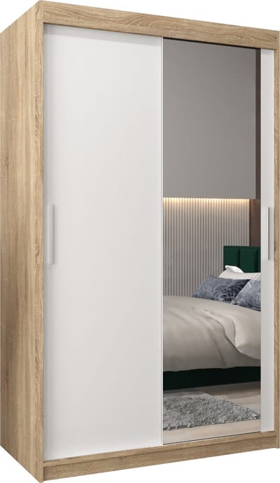 InspireMe - Kledingkast met 2 schuifdeuren, Modern-stijl, Kledingkast met planken (BxHxD): 120x200x62 - TORM II 120 Sonoma Eik + Wit Mat